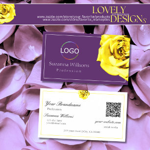 Carte De Visite Belle rose jaune sur violet avec logo QR Code