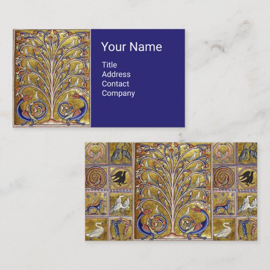 CARTE DE VISITE BESTIAIRE MÉDIÉVAL, OISEAUX SUR L'ARBRE DE VIE, DR (Devant / Derrière)