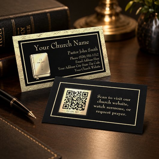 Carte De Visite Bible à code QR or et noir d'église