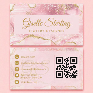 Carte De Visite Bijouterie Designer Blush Pink Gold Agate QR Code