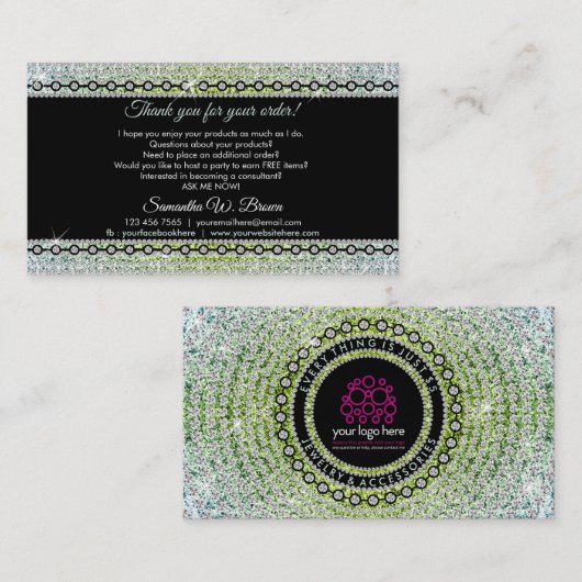 Carte De Visite Bijoux de luxe à bille de diamant vert (Devant / Derrière)