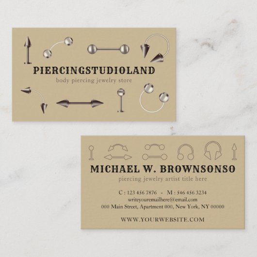 Carte De Visite Bijoux de studio de perçage minimal beige (Devant / Derrière)