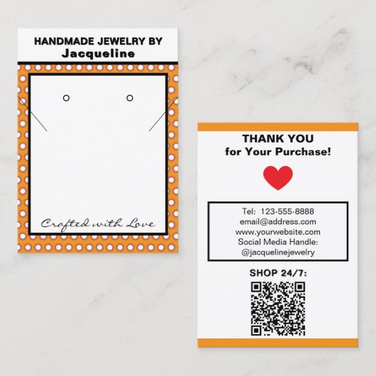 Carte De Visite Bijoux Faits Main Orange Points Blancs (Devant / Derrière)