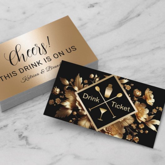 Carte De Visite Billet de boisson Modern Gold Floral Ventilateur d