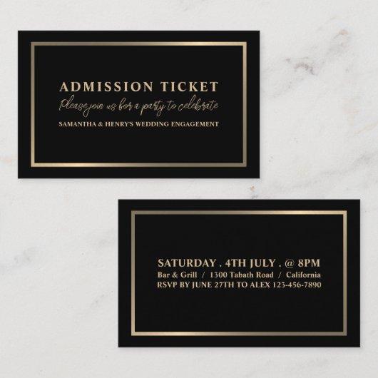 Carte De Visite Billet d'entrée noir & or élégant (Devant / Derrière)