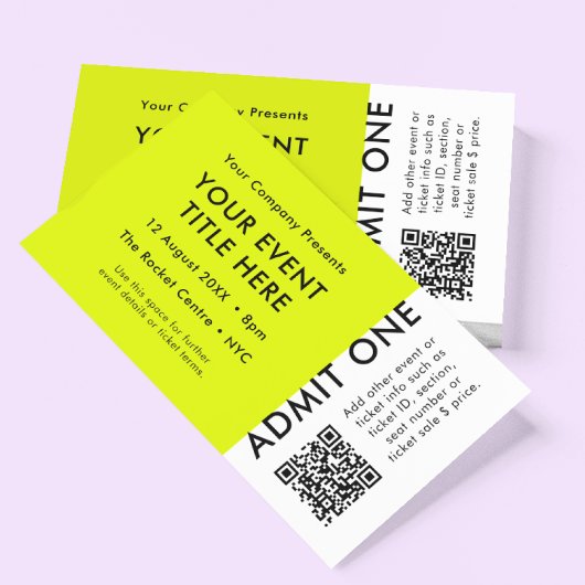 Carte De Visite Billet d'événement | Lime Green QR Code Concert Bi