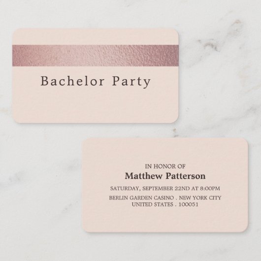 Carte De Visite Billet rose Gold Foil, Bachelor Party (Devant / Derrière)