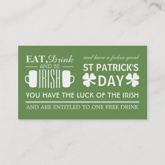 Carte De Visite Billet shamrock & bière irlandais St Patrick's Dri (Devant)