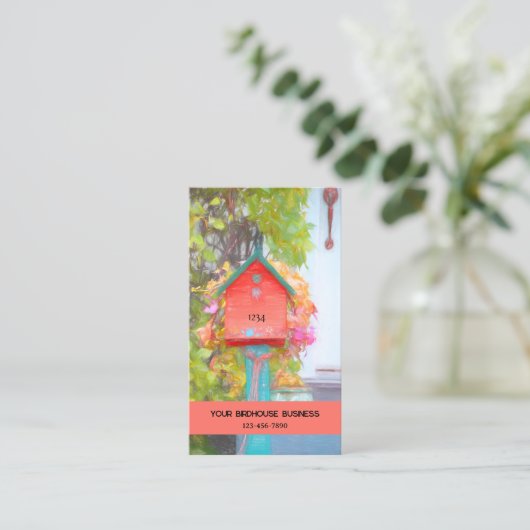 Carte De Visite Birdhouse Rustique Rouge Vert Turquoise Art Pays (Debout devant)