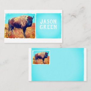 Carte De Visite bison art sur turquoise et blanc audacieux double