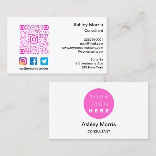 Carte De Visite Bit Me Rose QR Code Logo Médias sociaux Blanc (Devant / Derrière)
