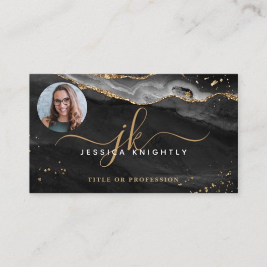 Carte De Visite Black Agate Gold Parties scintillant Script Monogr (Devant)