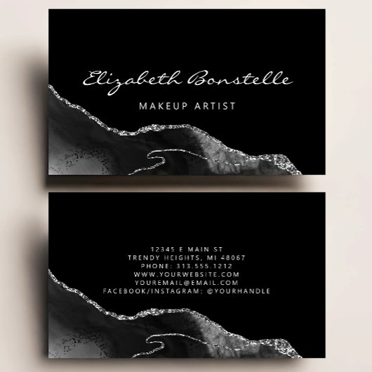 Carte De Visite Black Agate Parties scintillant Argent Luxe