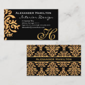 Carte De Visite Black and Gold Elegant Baroque Damask pour lui (Devant / Derrière)