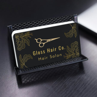 Carte De Visite Black and Gold Floral Hair Salon Elegant Luxury