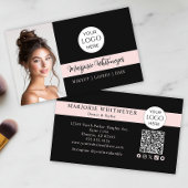 Carte De Visite Black and Pink Script Logo QR Code Photo Makeup
