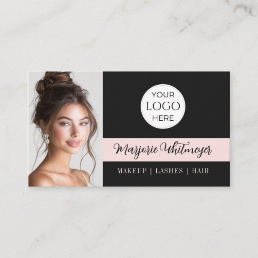 Carte De Visite Black and Pink Script Logo QR Code Photo Makeup (Devant)