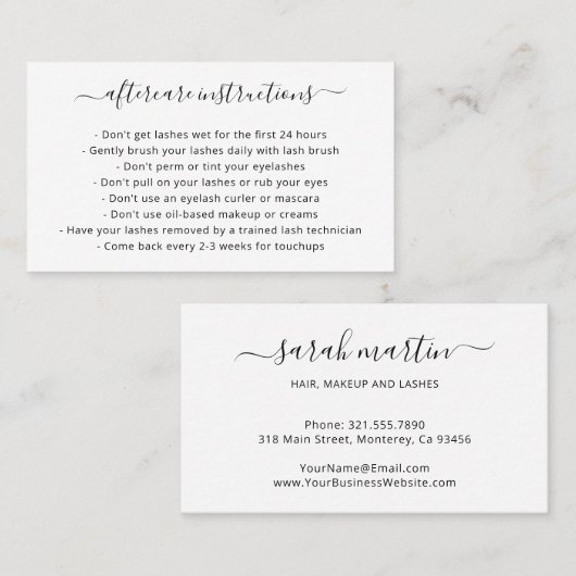 Carte De Visite Black and White Elegant Simple Aftercare Lashes (Devant / Derrière)