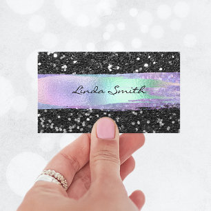 Carte De Visite Black Confetti Glitter Iridescent Brush Strokes