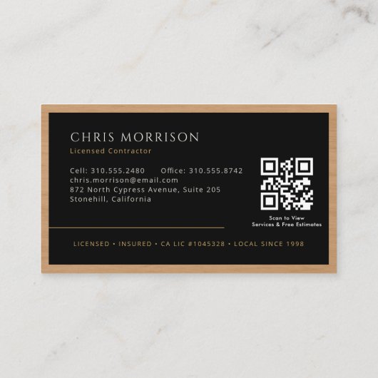 Carte De Visite Black Construction Professional Wood QR Code (Dos)