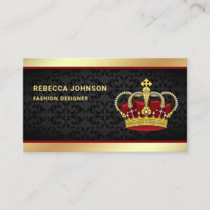 Carte De Visite Black Damas Faux Gold Foil Red Crown