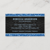 Carte De Visite Black Damask Faux Blue Parties scintillant Couronn (Dos)