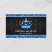 Carte De Visite Black Damask Faux Blue Parties scintillant Couronn (Devant)