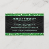 Carte De Visite Black Damask Faux Green Parties scintillant Couron (Dos)