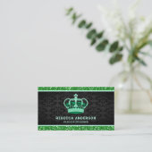 Carte De Visite Black Damask Faux Green Parties scintillant Couron (Debout devant)