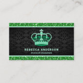 Carte De Visite Black Damask Faux Green Parties scintillant Couron (Devant)