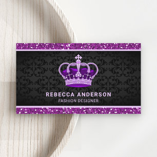 Carte De Visite Black Damask Faux Purple Parties scintillant Couro