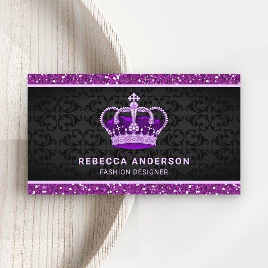 Carte De Visite Black Damask Faux Purple Parties scintillant Couro