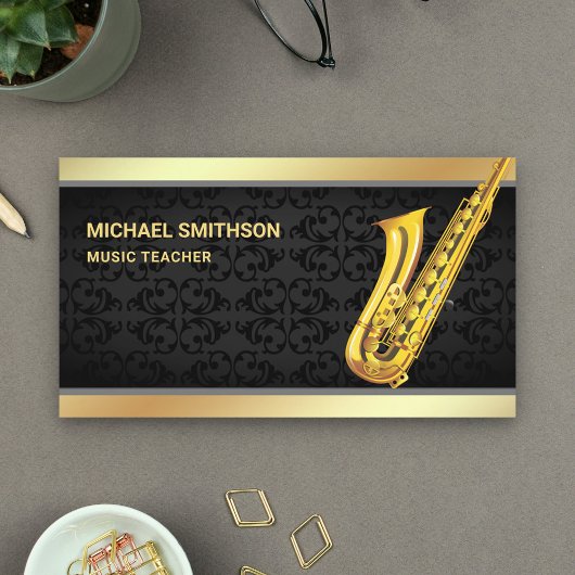 Carte De Visite Black Damask Gold Foil Saxophone Music Teacher
