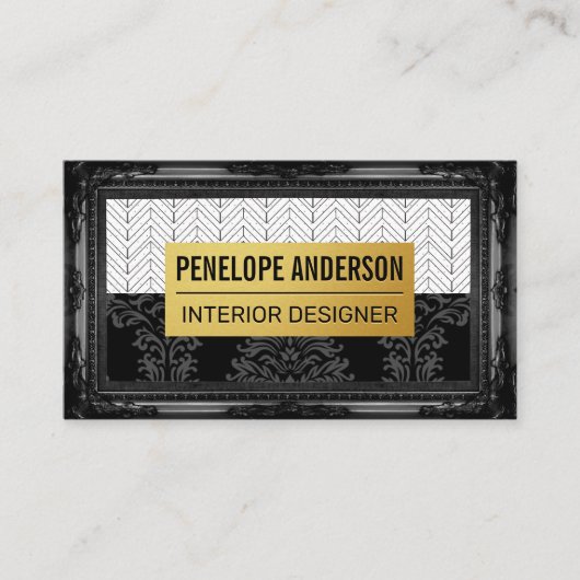 Carte De Visite Black Damask Gold Metal | Cadre classique (Devant)