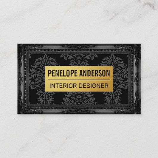 Carte De Visite Black Damask Gold Metal | Cadre classique (Devant)