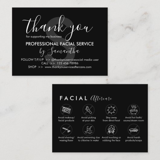 Carte De Visite Black Facial Aftercare Conseils Instruction Merci (Devant / Derrière)