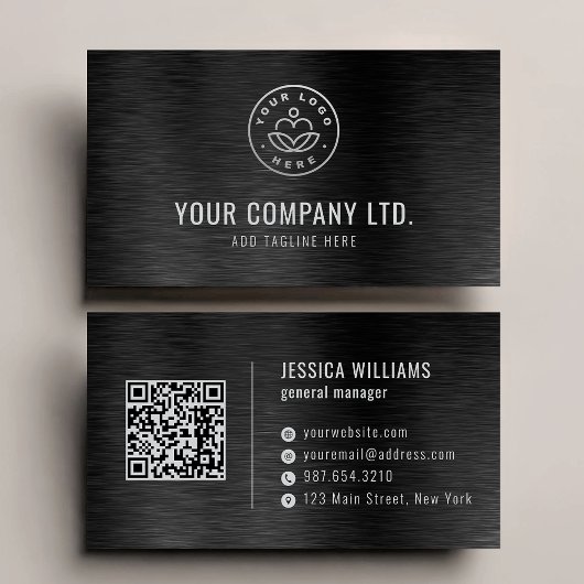 Carte De Visite Black Faux Brushed Steel Professional QR Code