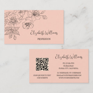 Carte De Visite Black Floral Line Art Botanique QR-Code