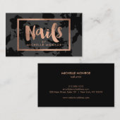 Carte De Visite Black Floral Rose Gold Texte ongle Salon (Devant / Derrière)