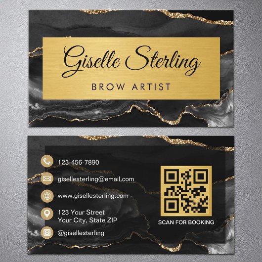 Carte De Visite Black Gold Agate Brow Artist Glitter QR Code