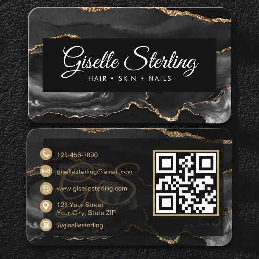 Carte De Visite Black Gold Agate Luxury QR Code