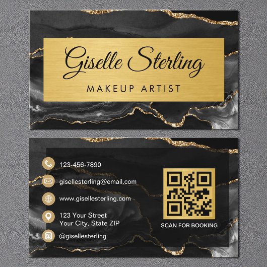 Carte De Visite Black Gold Agate Makeup Artist Glitter QR Code