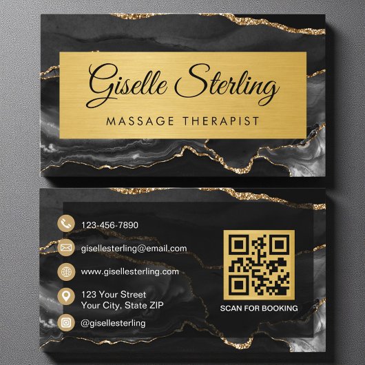 Carte De Visite Black Gold Agate Massage Therapist Glitter QR Code