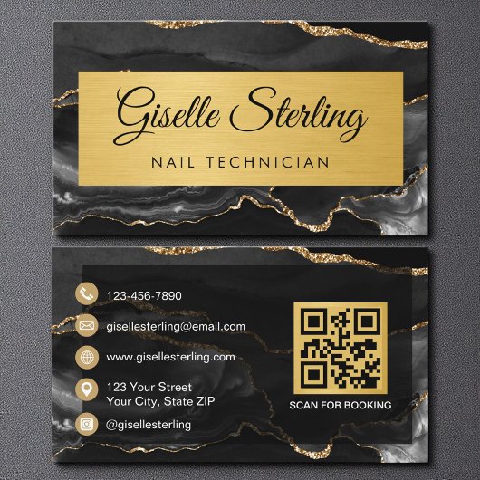 Carte De Visite Black Gold Agate Nail Technician Glitter QR Code