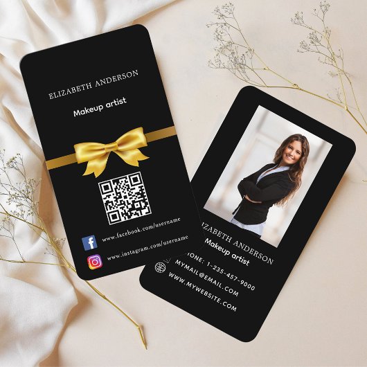 Carte De Visite Black gold bow photo Qr code médias sociaux