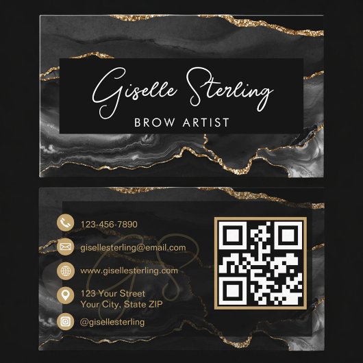 Carte De Visite Black Gold Brow Artist QR Code 