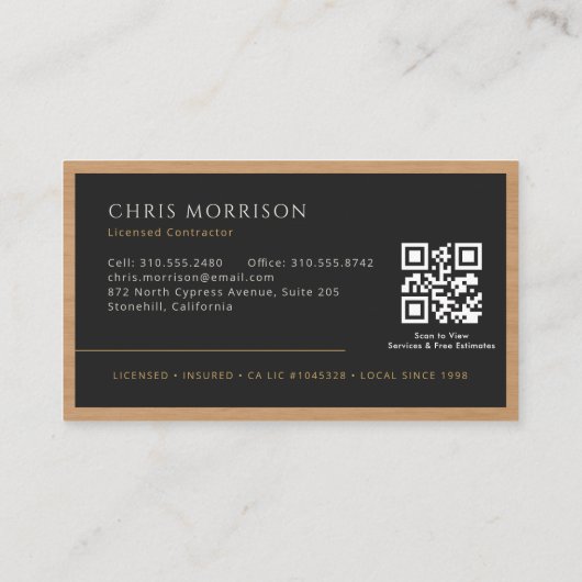 Carte De Visite Black Gold Contractor Construction Wood QR Code (Dos)