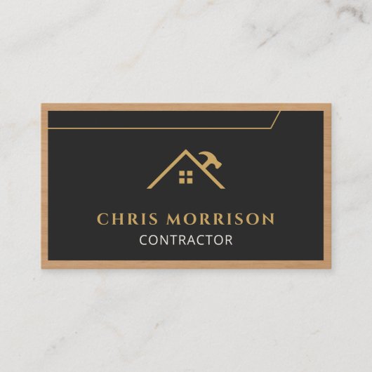Carte De Visite Black Gold Contractor Construction Wood QR Code (Devant)