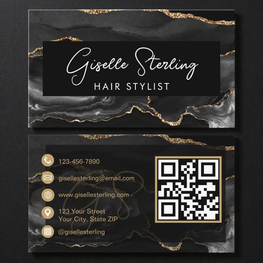 Carte De Visite Black Gold Hair Stylist QR Code