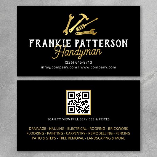 Carte De Visite Black Gold Handyman Repair & Maintenance QR Code